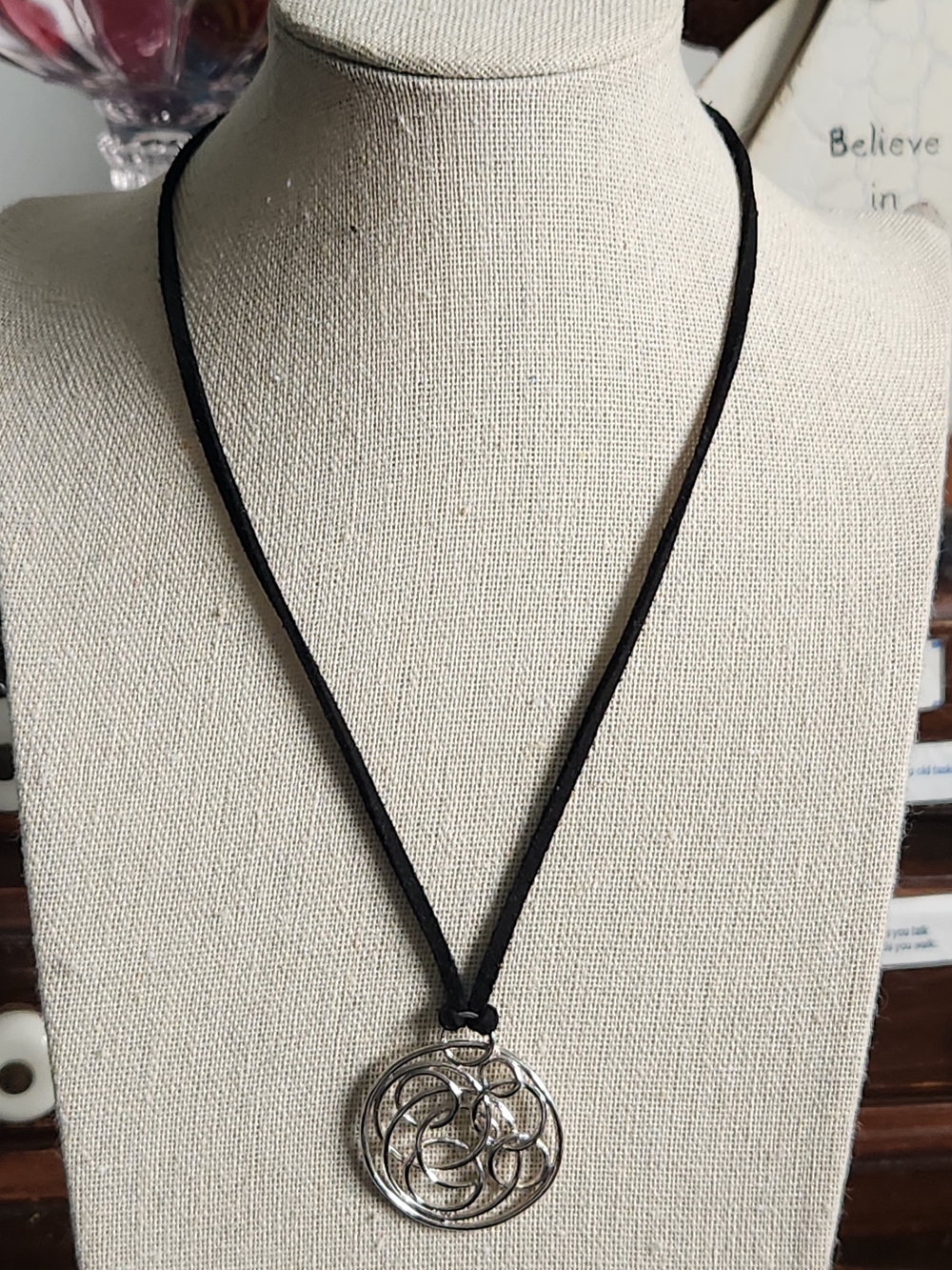 Silver Tone  Floral Filigree Pendant Necklace on Black Cord